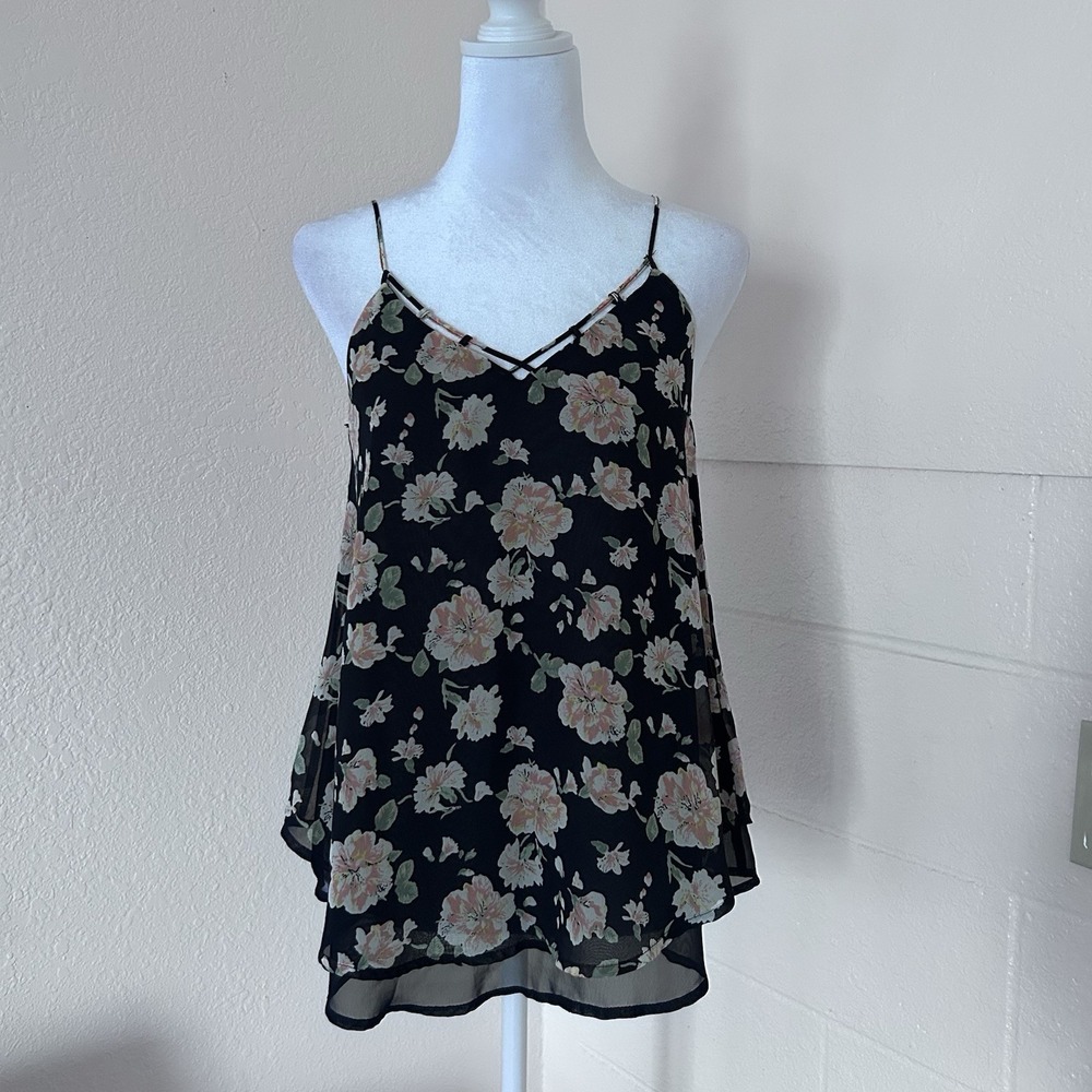 Sienna Sky Tank Top Women's Size S Blue‎ Floral Sheer Lined Relaxed Coquette
